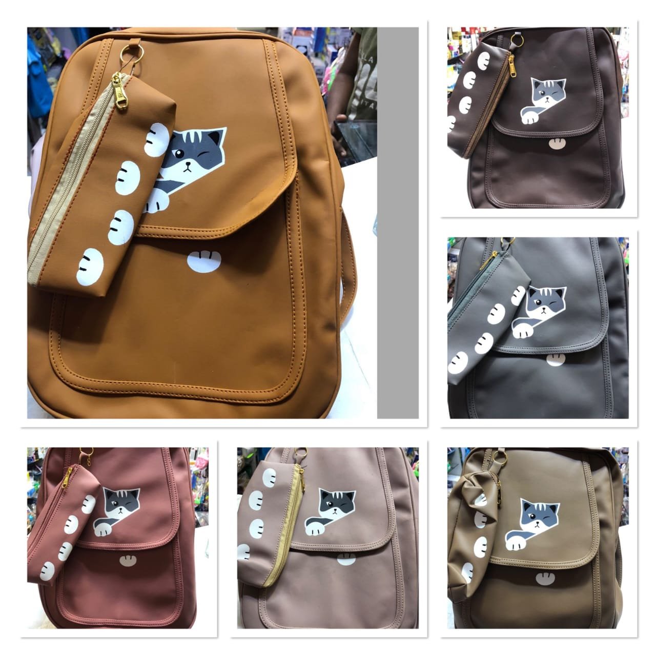 Cute Cat Print PU Leather Backpack Set