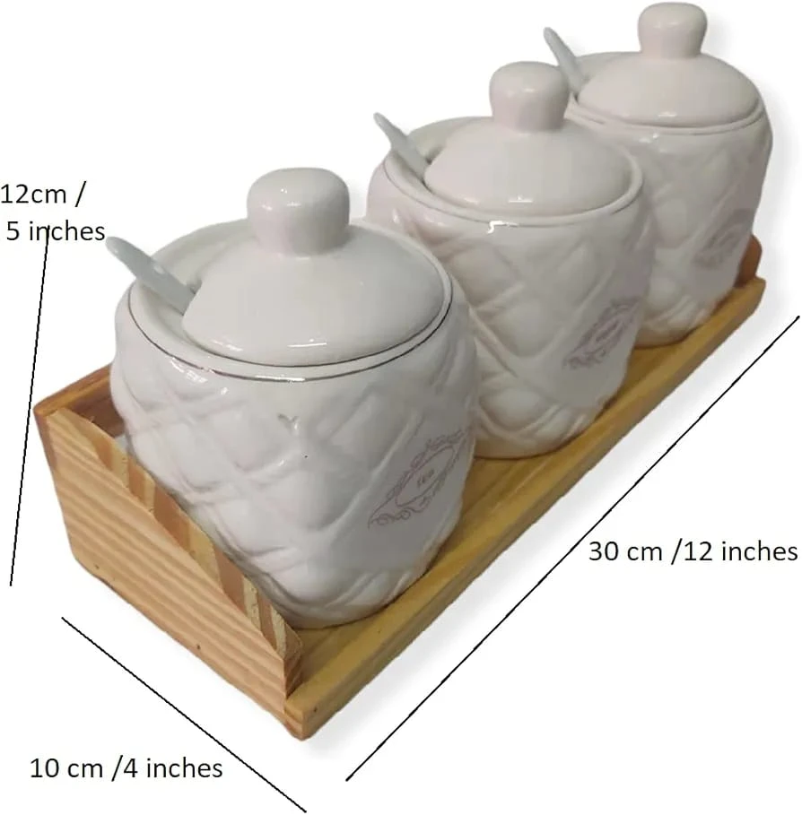 White Ceramic Pottery Cruet Pot Jars & Wooden Tray Set Ceramic Container Tea Coffee & Sugar Canister (set of 3)