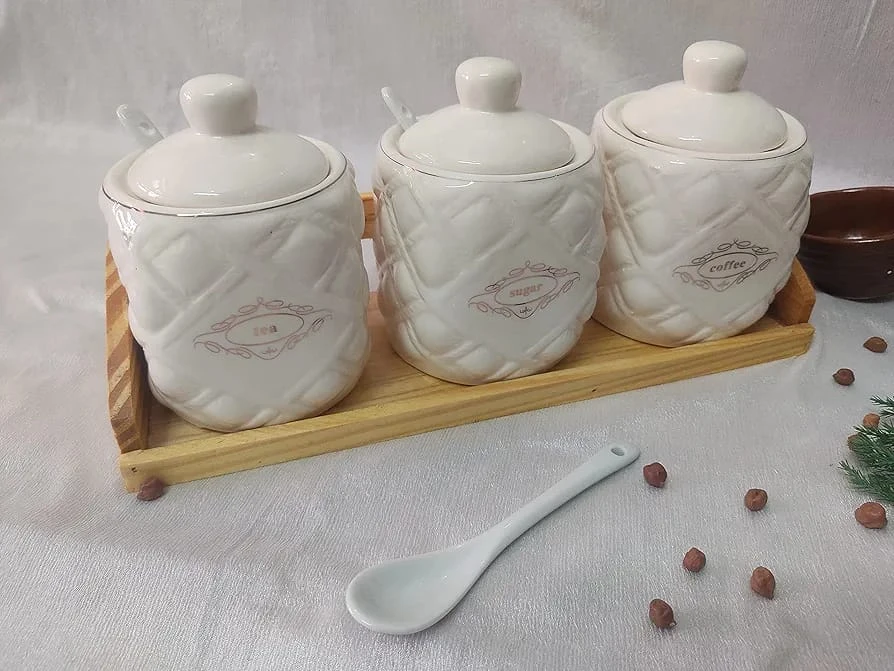 White Ceramic Pottery Cruet Pot Jars & Wooden Tray Set Ceramic Container Tea Coffee & Sugar Canister (set of 3)