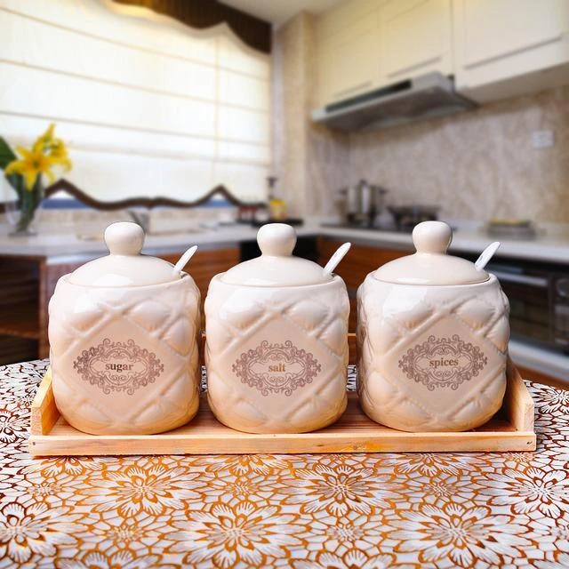 White Ceramic Pottery Cruet Pot Jars & Wooden Tray Set Ceramic Container Tea Coffee & Sugar Canister (set of 3)