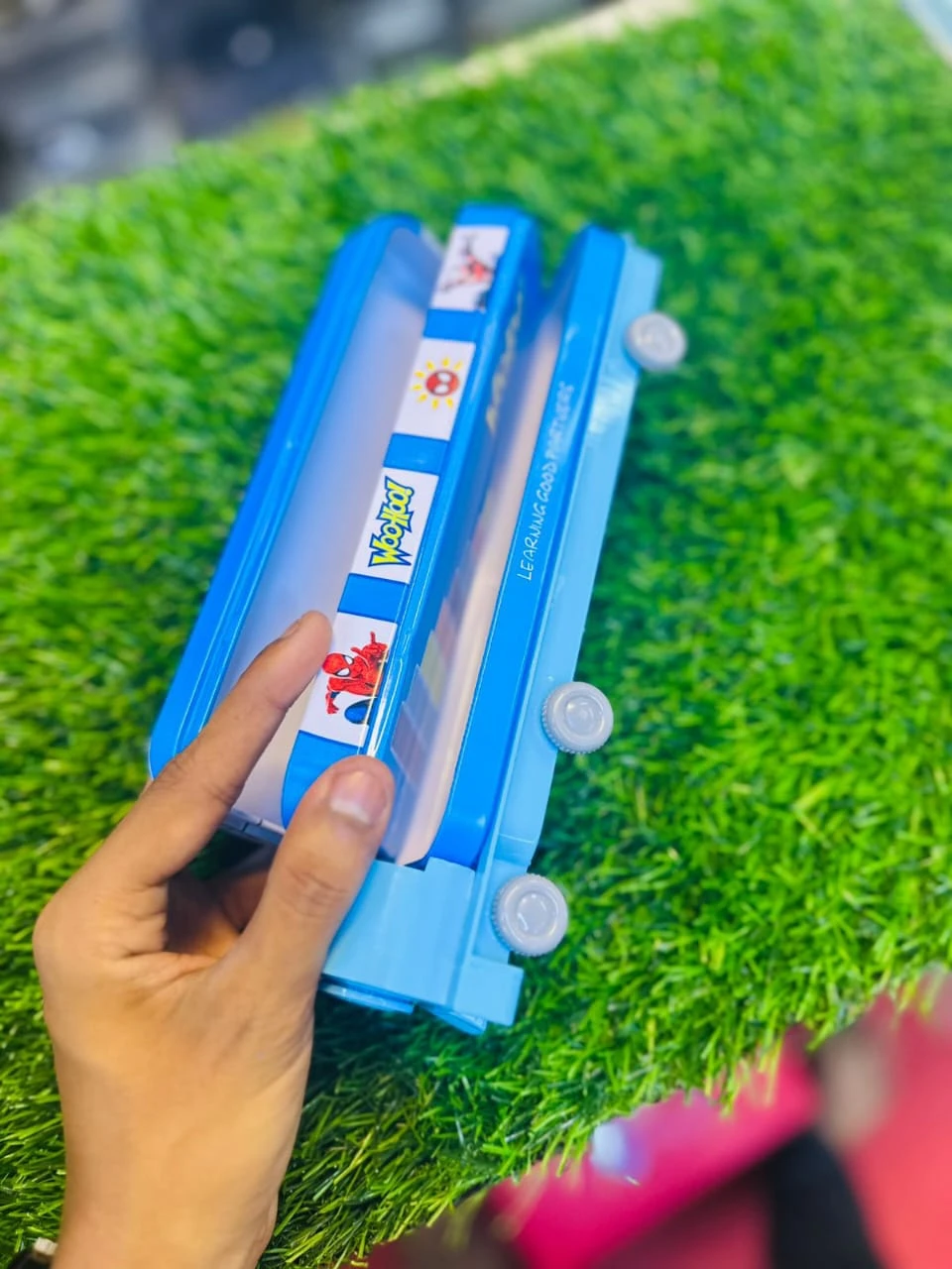 Kids Cartoon Car-Style Pencil Box with Wheels (Blue)