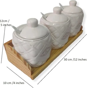 White Ceramic Pottery Cruet Pot Jars & Wooden Tray Set Ceramic Container Tea Coffee & Sugar Canister (set of 3)