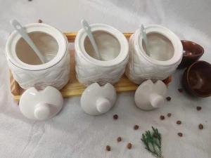 White Ceramic Pottery Cruet Pot Jars & Wooden Tray Set Ceramic Container Tea Coffee & Sugar Canister (set of 3)